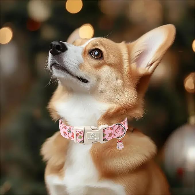 Christmas Dog Collar - Cute Pink Cozy Christmas Puppy Collar with Safety Buckle, Soft Adjustable Holiday Dog Collars for Small Medium Large Dogs XS
