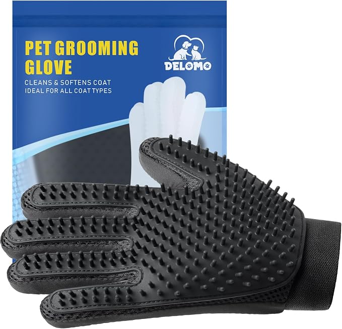 Pet Hair Removal Glove with 255 Silicone Tips for Dogs & Cats, Right Black | 2-in-1 Deshedding & Massage Mitt, 5-Finger Flexible Design, for Bathing & Grooming, Safe for Long/Short/Curly Hair Pets