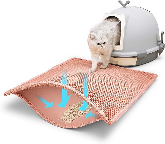 Pieviev Cat Litter Mat, Double-Layer Waterproof Design, 24" x 15" Coral Red | Honeycomb Litter Box Mat Catches Scattered Particles to Stop Tracking, Urineproof Base protects Floors, Easy to Clean