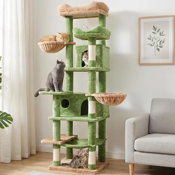 68 Inches Multi-Level Large and Tall Cat Tree Tower for Indoor Cats/Removable Pad/Cat Condo/Sisal Scratching Posts/Hammock/Cat Activity Center/Wide Base Green