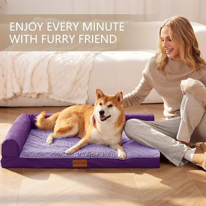 Patas Lague Orthopedic Large Dog Bed Washable Pet Sofa Bed 36''X24''Purple | 2-Sided Bolster Egg-Crate Foam Dog Couch Large Sized Dogs, Waterproof Removable Washable Cover, Nonskid Bottom Pet Crate Mat
