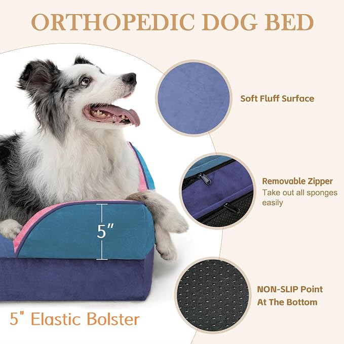 Comfort Expression Orthopedic Dog Bed for Extra Large Dogs with Bolster | Waterproof Dog Couch Bed with Washable Cover & Non-Slip Bottom, Supportive Egg Crate Foam XL Pet Bed, 42x30 Inch