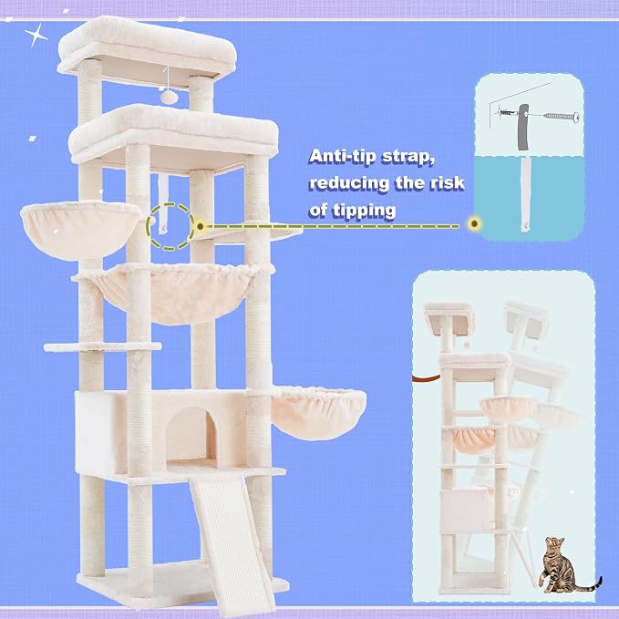 Hey-brother Cat Tree Tower with Extra Large Platform and Basket, MPJ080M | 71.7 Inches Scratching Posts with Specious Condo, 2 Cozy Hammocks, Scratch Board for Indoor Adult Cats, Maine Coon Beige