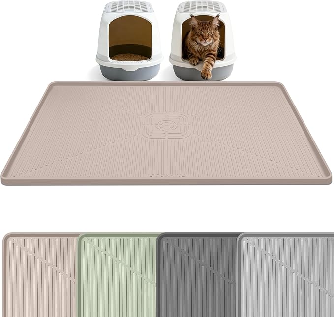 Silicone Cat Litter Mat 45" x 30" Cat Mat for Litter Box, Khaki | Extra Large Cat Litter Trapping Mat for Floor, Waterproof, Non-Slip Kitty Litter Box Mat with Raised Edge, Easy to Clean