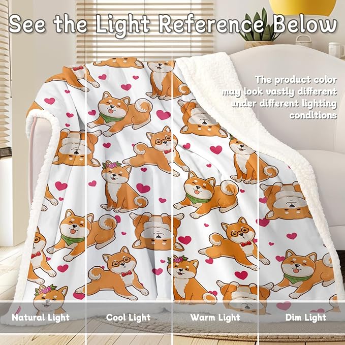 BlessLiving Cute Watercolor Dogs Pattern Fleece Blanket Shiba Inu Puppy Sherpa Reversible Throw Animal Print Plush Blanket (Queen, 90 x 90 Inches)