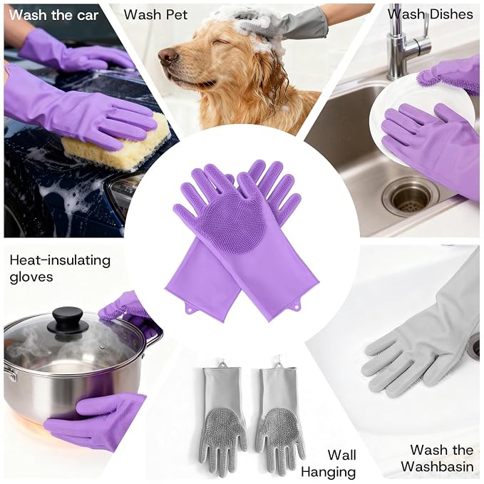 2-Pair Pet Hair Remover Glove for Dogs and Cats Washing, Grooming, & Deshedding – Multipurpose Silicone Dog Bath Gloves, Cat Brush Glove Mitt for Pet Cleaning & Household Use (Purple & Grey)