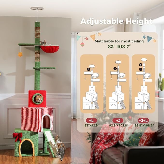 PEQULTI 83-108'' Floor to Ceiling Cat Tree for Large Adult Cats, Christmas Cat Tower with Adjustable Height with 3 Large Condos, Plush Hammock, Thick Scratching Posts, Red/Green