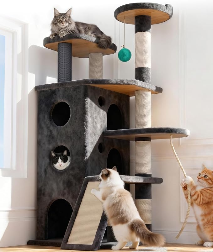 Eco-Wood Cat Tree Tower,【Top Heavy Duty】 Cat Tower for All Indoor Cats | Eco-Wood, 54” Sturdy Cat Tower Bed with 6 Scratching Posts, Scratch rope, Scratcher, 3 Enlarged Cat Condos, Jumping Perches