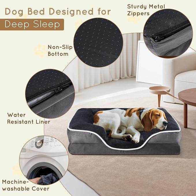 FluffyDream 42 inch Memory Egg-Crate Foam Dog Bed, Orthopedic Pet Couch Bed with Washable Removable Cover, Grey