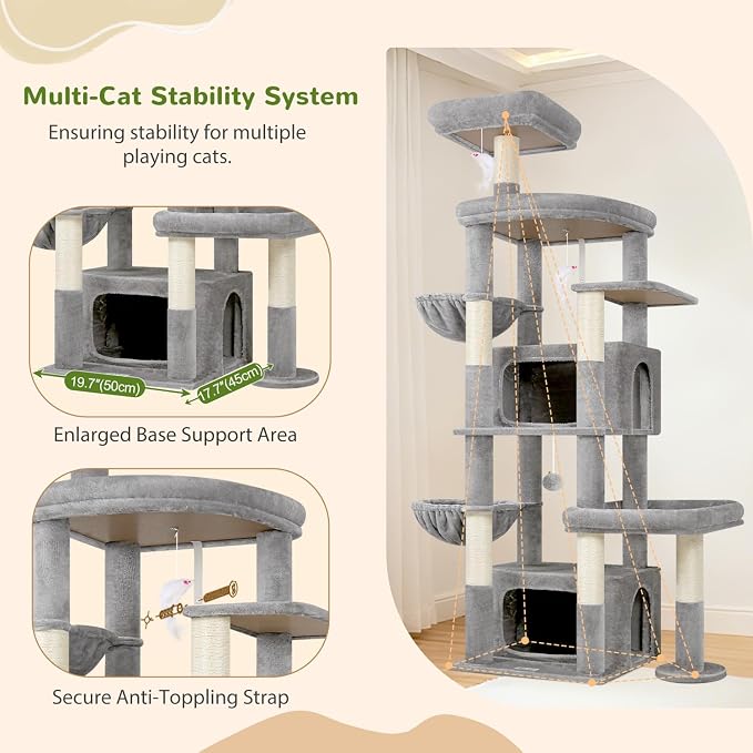 Globlazer 75in Sturdy Cat Tree Tower for Indoor Large Cat, S75, Light Grey | Multi-Level Heavy Duty Cat Tower with Scratching Post, Oversized Condos & Perches for Big Cats, Large Baskets, Enlarged Base