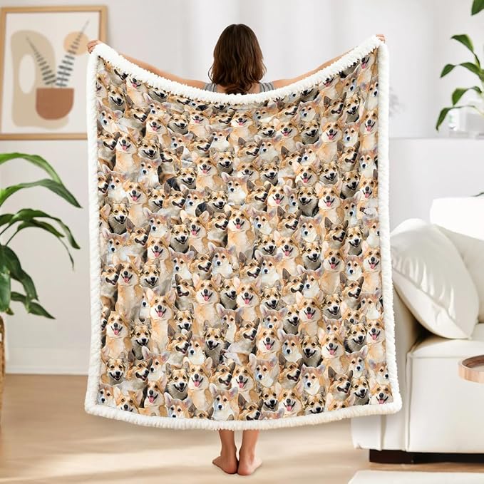 BlessLiving Corgi Plush Blanket Throw - Fuzzy Dogs Kids Girls Cute Puppy Fleece Reversible Animal Pattern Sherpa Throw (Twin, 60 x 80 Inches)