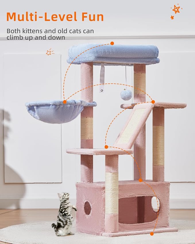 Taoqimiao Cat Tree, 38.5In Cat Tower for Indoor Cats, Suitable for Kittens | Thick Padded Top Perch, Luxurious Cat Condo, Adjustable Basket, 1-Piece Ramp Scratcher, 3 Sisal Posts, Pink&Blue, MS029SPB