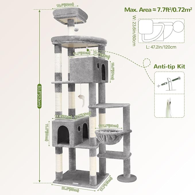 Globlazer Giant Cat Tree for Indoor Large Cats, 83in, F83, Light Grey | XXL Cat Tower with 9 Scratching Posts for 20lb+ Heavy Duty Large Adult Cats