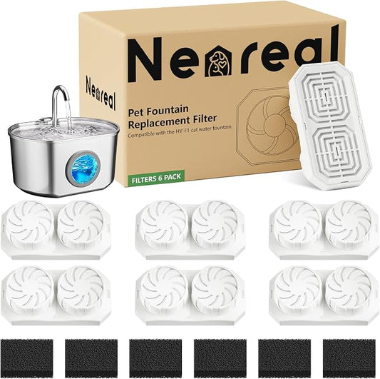 Neareal Cat Water Fountain Replacement Filters & Pre-Filter Sponges Compatible with 74oz/2.2L Stainless Steel Pet Fountain (6 Filters & 6 Sponges)