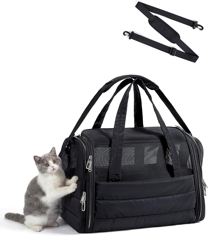 BAGSMART Cat Carrier: Soft-Sided Pet Carrier for Small Medium Cats Dogs Puppy Quilted Collapsible Puffy Travel Bag Up to 25 Lbs Black