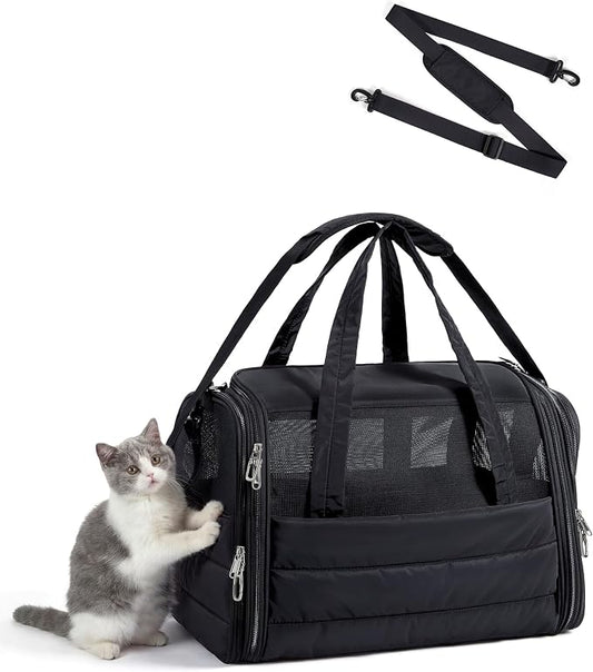 BAGSMART Cat Carrier: Soft-Sided Pet Carrier for Small Medium Cats Dogs Puppy Quilted Collapsible Puffy Travel Bag Up to 25 Lbs Black