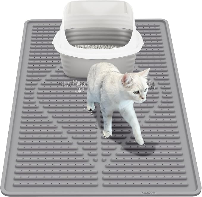 Mofason Rubber Cat Litter Mat Litter Box Mat - Grey Silicone Litter Catcher | Waterproof 24"x15" Kitty litter box mat, litter trapping catcher mat; easy clean litter trapping mat small cat litterbox mat