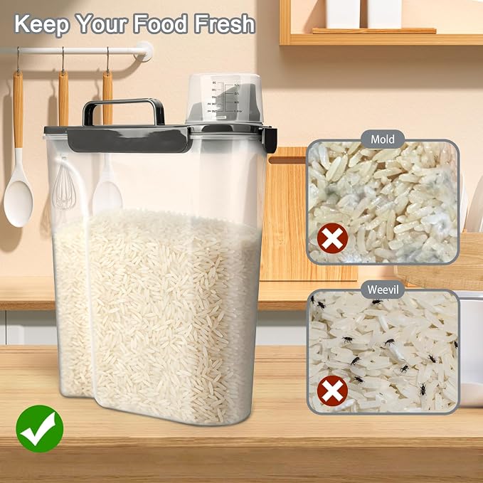 Rice Storage Containers, Airtight Cereal Containers Storage, BPA Free Rice dispenser for Flour, Pasta, Grain and Baking, Pet Dog Cat Bird Food Container 20lb+ 10lb Grey