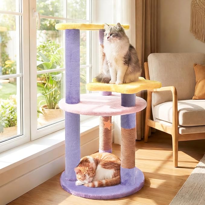 PETSITE 29-inch Cute Cat Tree, Multi-Level Small Cat Tree with Jute Scratching Post, Dangling Toy, Star and Moon-Shaped Perches, Ideal for Indoor Cats (Purple)