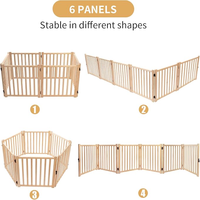 YOCAN Non-Painted Wooden Freestanding Dog Gates for The House,Doorways, Stairs,Wood Dog Fences Indoor Pet Gate,Step Over Fence-6 Panel H:16.9" L:138"