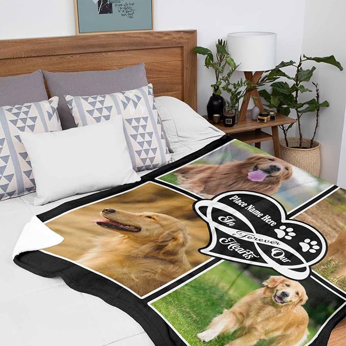InterestPrint Custom Memorial Fleece Blanket with Dog Cat Photo Dog in Our Hearts Blanket Personalized Pet Sympathy Remembrance Gift for Kids Family Friends 60X80 Inch