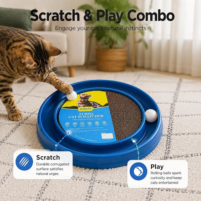 Cat Scratcher Toy Ball Track, Blue | Round Interactive Scratching Board, Exercise Set, Indoor Cats, Adult and Kitten, Mental & Physical Stimulation