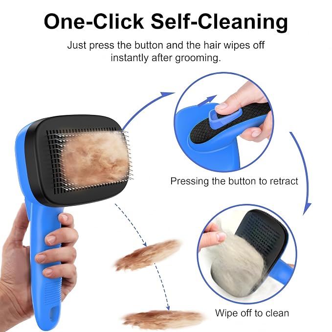 Self Cleaning Slicker Brush for Dog and Cat Shedding, Blue | Skin Friendly Deshedding Brush for Short or Long Haired Dogs & Cats, One-Click Retractable for Easy Cleaning Flying Hair
