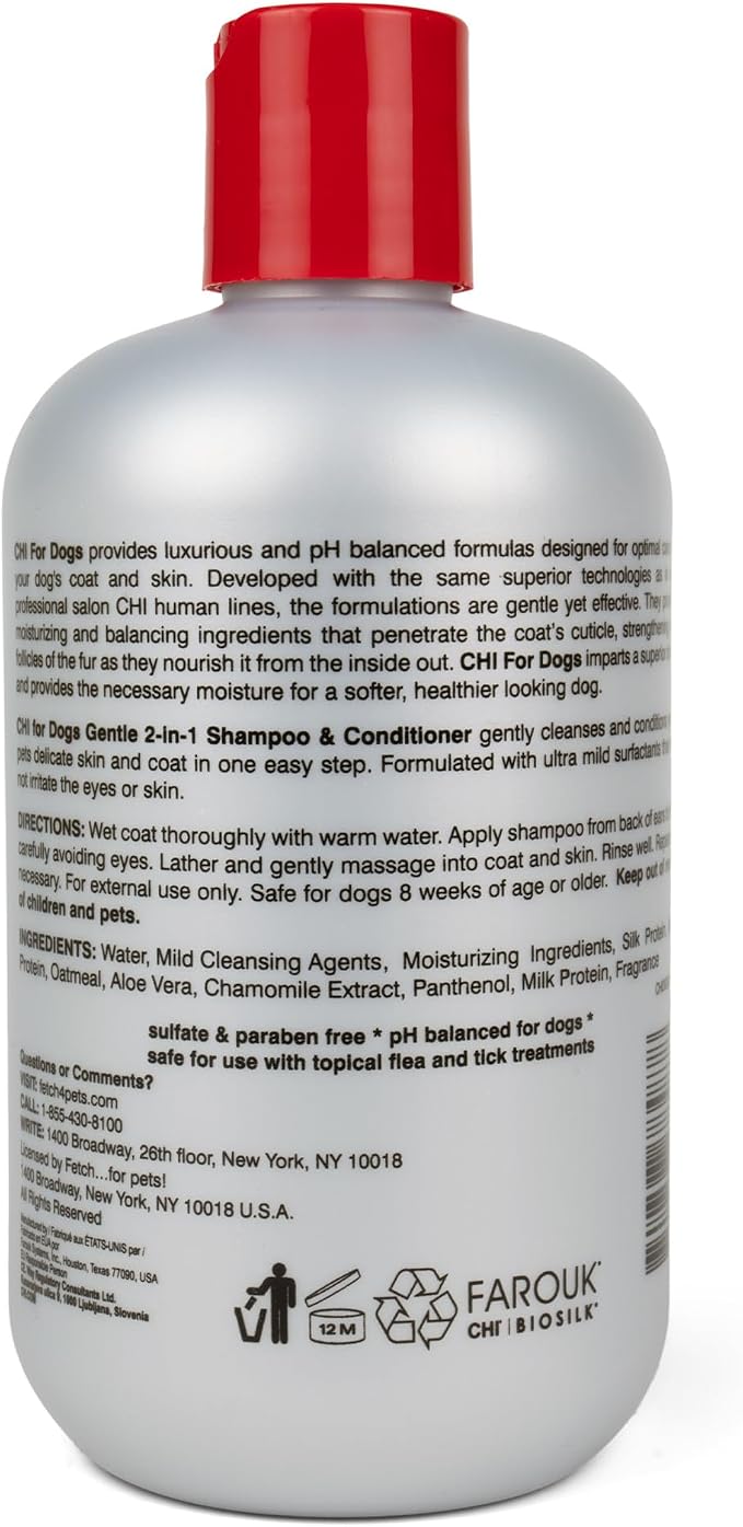 CHI for Dogs Gentle 2-in-1 Shampoo and Conditioner, Ionic Technology pH Balanced Dog Wash with Silk and Milk Proteins, Sulfate and Paraben Free, All Coats and Breeds, 16 Fl Oz