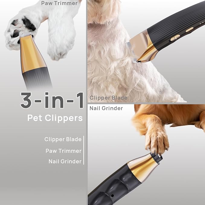 3-in-1Dog Hair Clippers Grooming Kit with Paw Trimmer- Rechargeable Cordless Quiet Nail Grinder Shaver with 4 Guide Combs for Grooming Small Medium Pets on Body,Paws, Face, Ears (Black)
