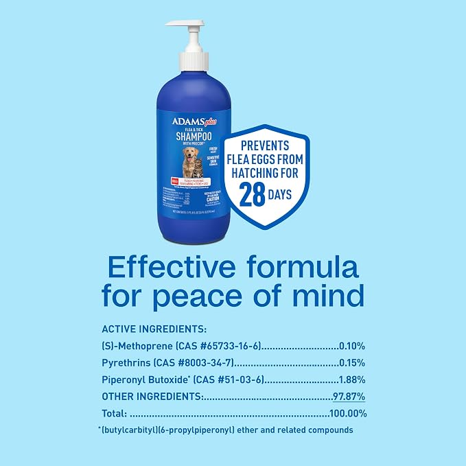 ADAMS Plus Flea & Tick Shampoo with Precor for Dogs & Cats, 24 oz | Flea shampoo for dogs and cats kills flea eggs and lice on contact, helps stop hatching for 28 days