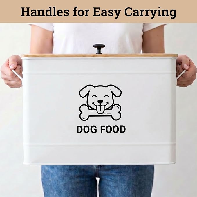 Metal Dog Food Container 15-20 lbs w/ Airtight Bamboo Lid, 70 Cup Capacity | Pet Jar For Dogs up to 100lbs, Airtight Bamboo Lid, Sturdy Comfortable Metal Handle, Powder Coated Iron, Kibble Storage Bin