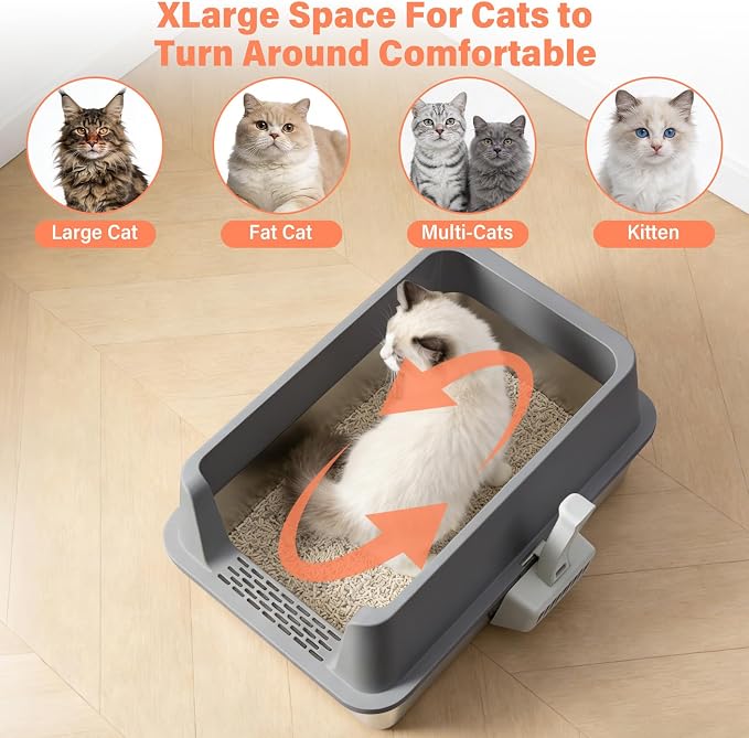 Stainless Steel Cat Litter Box with Lid, XL Metal Litter Box, Extra Large Litterbox for Big Cats, High Sided | Easy Cleaning | Odor-Free Includes Scoop and Mat