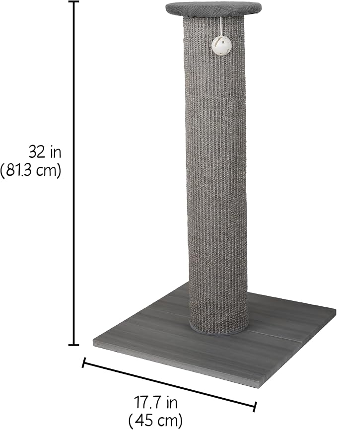 Kitty City Tall Sisal Cat Scratching Post, 32” Durable Scratcher with Sturdy Base & Hanging Jingle Toy, Easy Assembly, Furniture Protection for Indoor Cats - Gray