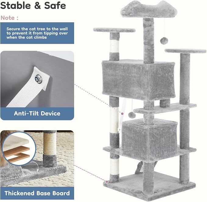 DUMOS 54 Inch Cat Tree Tower with Scratching Posts | Indoor Multi-Level Pet House for Large Cats with 2 Condos, Round Platform, Small Ladder and Toys, Light Grey