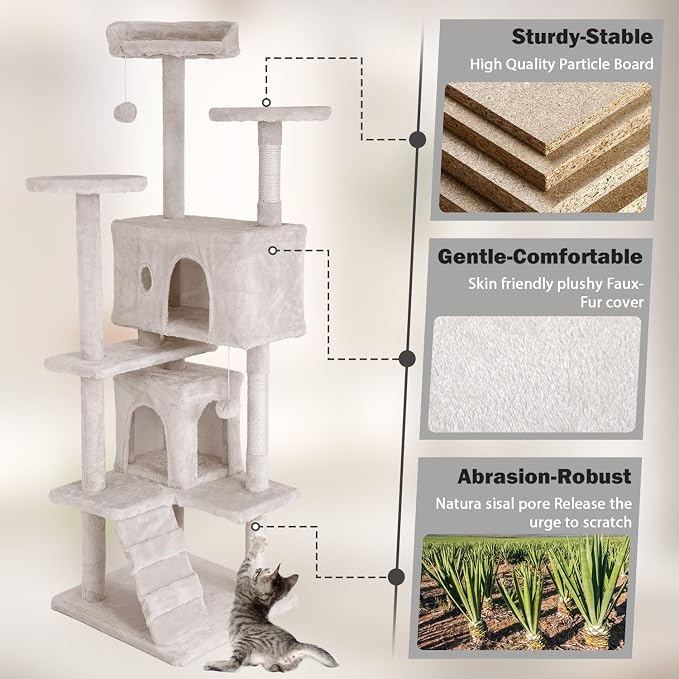 Heavy Duty Cat Tree Tower, 70" Tall Cat Tower for Indoor Cats with Cat Scratching Post with Bed, Cat Condo, Hanging Ball, Multi-Level Cat Climbing Tower Cat Trees Furniture Activity Center, Beige