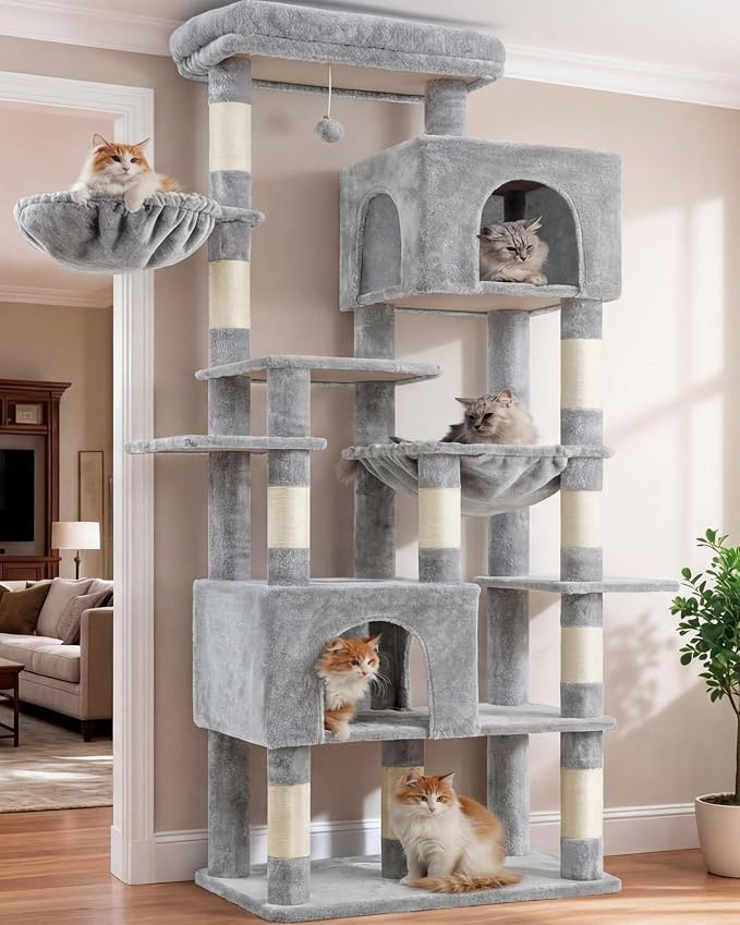 Heybly Cat Tree, 76-Inch Tall Heavy Duty Cat Tower for Big Cats HCT039W | Multi-Level Large Cat Furniture with Extra Wide Baseboard, 2 Condos & 2 Hammocks, 10 Scratching Posts, Light Gray