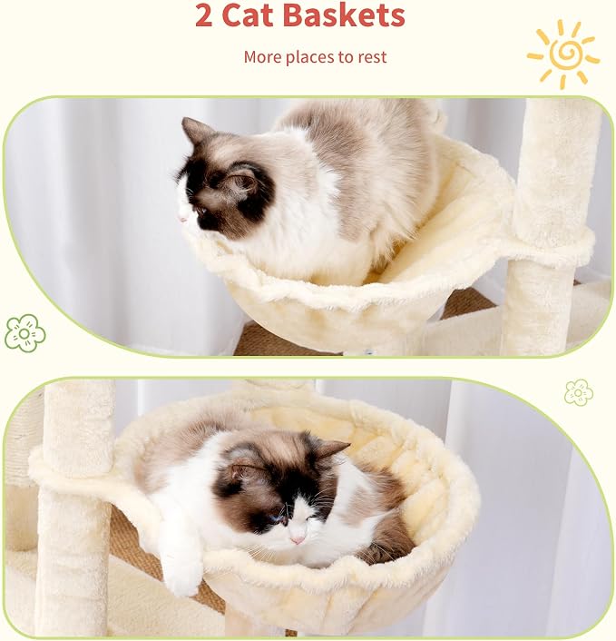Hey-brother Cat Tree Tower with Extra Large Platform, Big Condo, MPJ070M | 51.1 Inches Scratching Posts with 2 Cozy Hammocks, Self-Grooming Brush for Indoor Adult Cats, Maine Coon, Beige