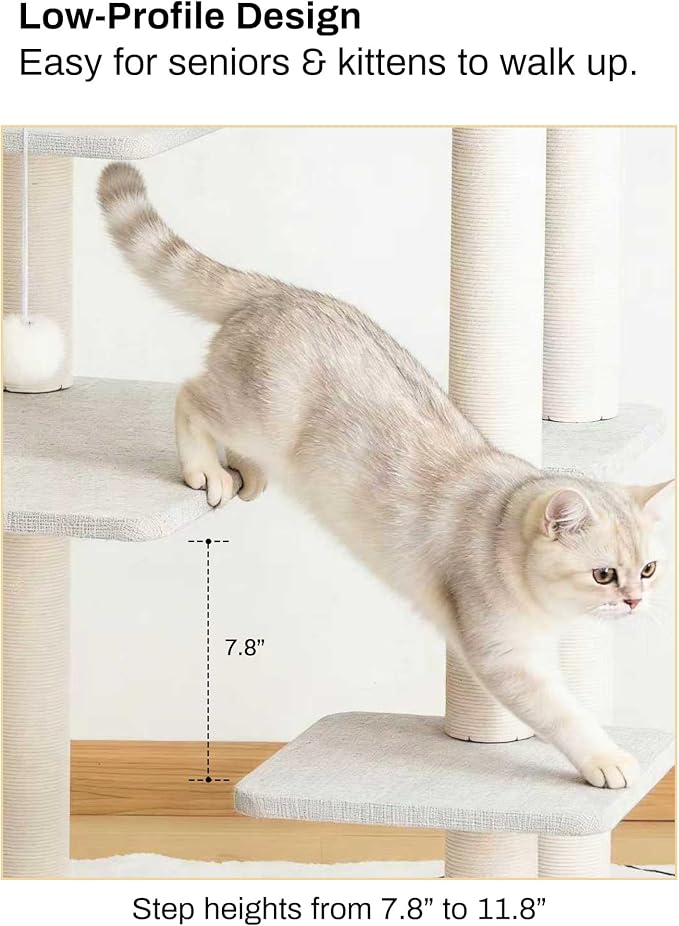 Cat Tree Tower Wooden 37.4''(95 cm), Large Cat Tree with Jump Platform & Play Ball for Indoor Cats, Ideal Cat's Climbing Frame & Playhouse (Linen Fabric Light Grey)