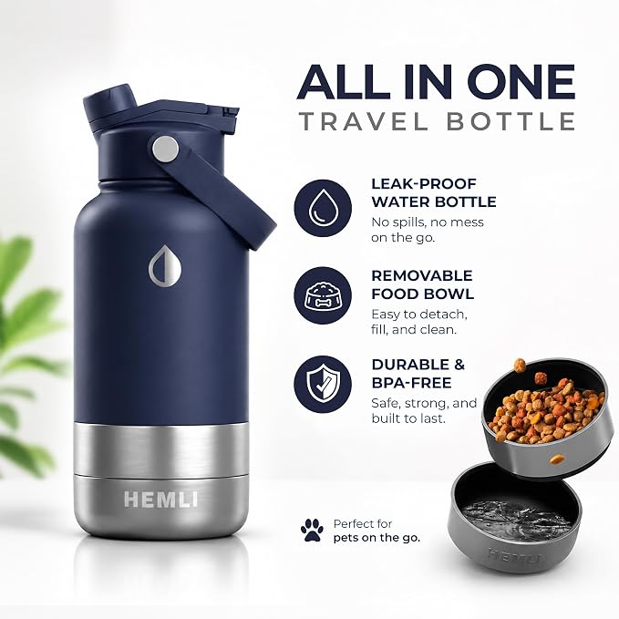 32 oz. Dog Water Bottle, Insulated Dog Travel Water Bottle, Stainless Steel Pet Water Bottle Dispenser Portable Food and Water Bowl for Dogs for Walking Dog Canteen Travel Kit