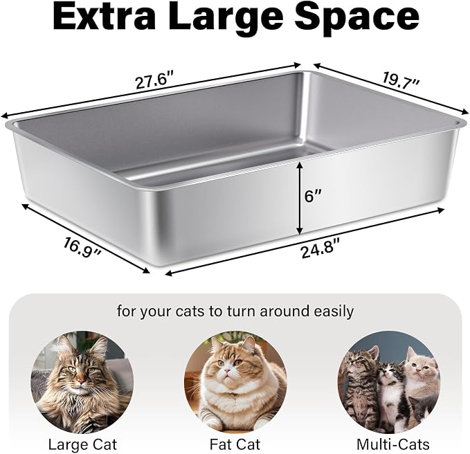Stainless Steel Litter Box, XXXL Steel Litter Box 28" X 20" X 6" No Smell, Extra Large Metal Litterbox for Big Cat, Multiple Cats, Non Stick, Easy Cleaning
