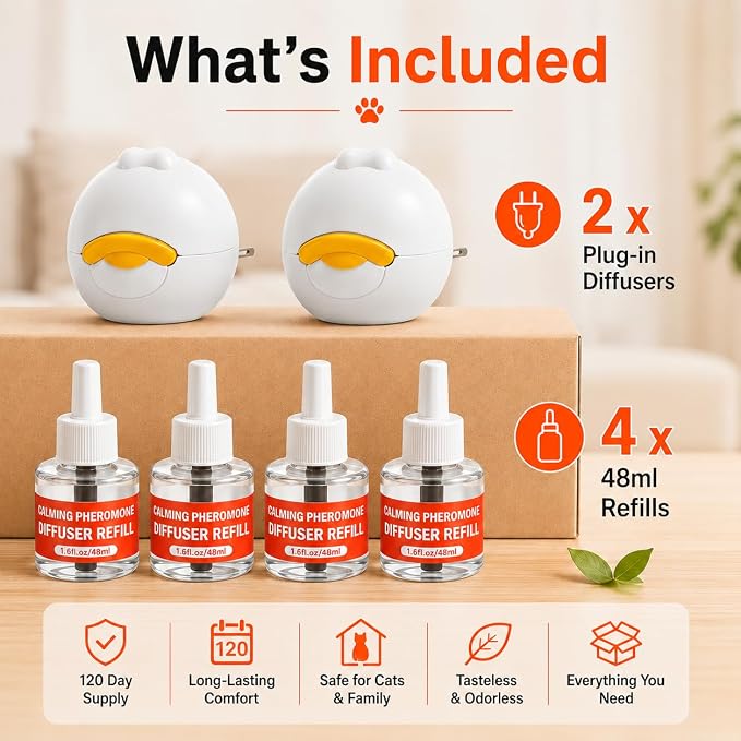 Cat Calming Diffuser - 6 in 1 Kit Cat Pheromones Calming Diffuser for Anxiety Relief, Stress, Excessive Meowing & Scratching, 120 Day Supply 2 Plug in + 4 Pack 48ml Refill (Tasteless)