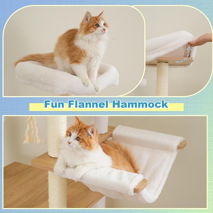 Hey-brother Wooden Cat Tree, Furniture Tower with Large Platforms, MPJ121BT | 69.7 inch, Modern Full Sisal Scratching Posts, Hammocks, Spacious Condo, Ladder, Brush, Water Proof Surface, White Oak