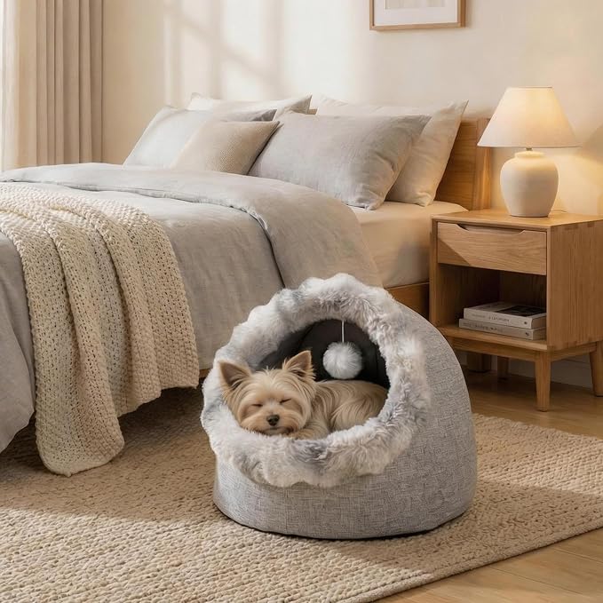 Avont Cat Bed Cave for Indoor Cats, Semi-Enclosed Cat House with Anti-Slip Bottom & Removable Washable Cushion, Warm Plush Cat Tent for Medium Cats & Small Dogs -L