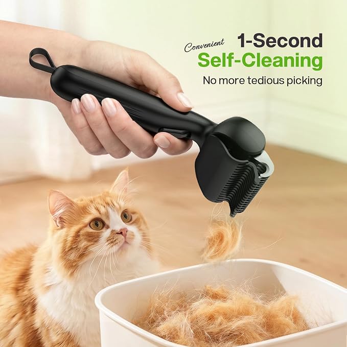 Pecute Self-Cleaning Undercoat Rake for Dogs Cats with Thick Double Coats | 1-click clean, 304SS, 18 rounded teeth, For seasonal heavy shedding & matting, Gentle on pets, Ideal for long/dense coats