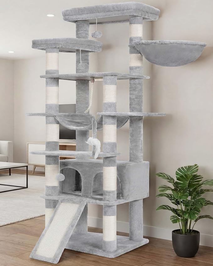 Heybly Tall Cat Tree 78-inch Multi-Level Cat Tower for Indoor Cats HCT033W | Cat Condo with 2 Widened Plush Perches, Multi-Level Cat Furniture with Scratching Board, Big Caves, Light Gray
