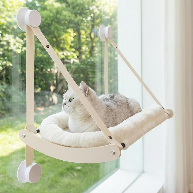 Cat Window Perch with 4 Strong Suction Cups | Cat Hammock for Window, Easy Assembly, Solid Wood Frame with Large Cats Bed, Supports Up to 40lbs for Indoor Cats
