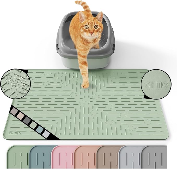 OHMO Cat Litter Mat 23.5x16 Silicone Trapping Mat Sage Green | for Kitty Litter Box, Easy Clean, BPA Free Rubber, Center Litter Collection, Easy Pour-Back, Waterproof, Odor-Resistant