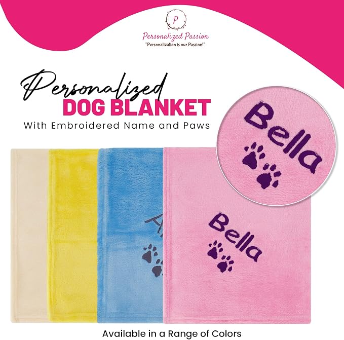 Personalized Passion Dog Blanket with Embroidered Name and Paws - Soft, Comfortable and Cozy for Couch, Bed, Car - Water Resistant Pet Fleece Blanket for Dogs and Cats - Pink - 28x40 Inches