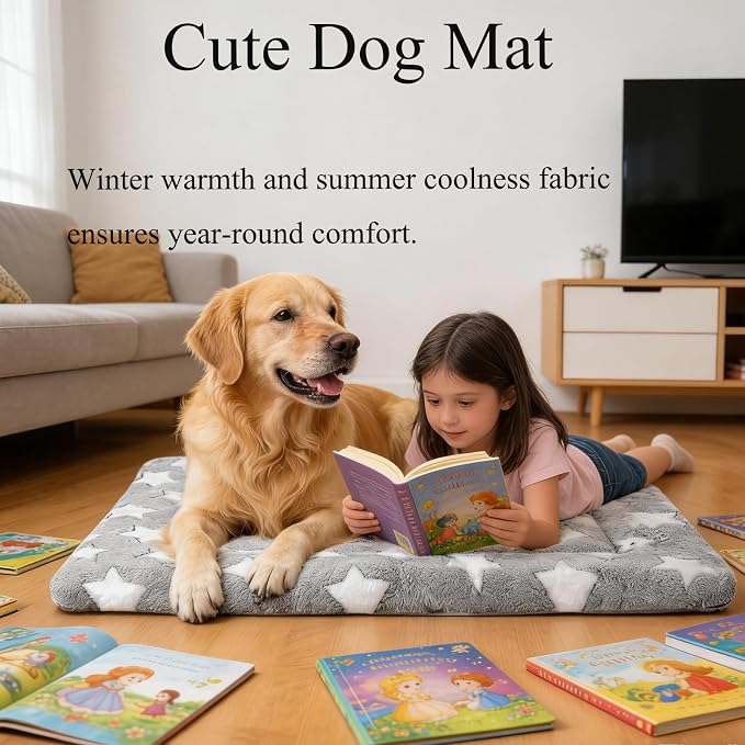 Dog Bed mat Machine-Washable Dog cage mat Gray Star（35x23x1.5in） | Soft reversible design with non-slip bottom, machine washable, lightweight, ideal for crates, travel, and home