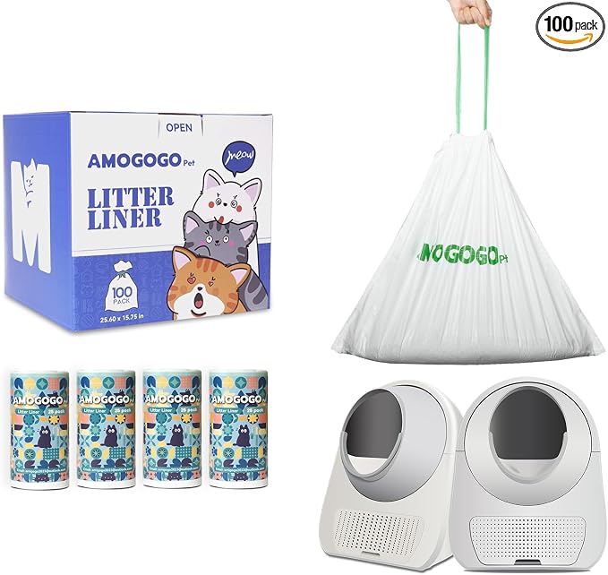 100 Pack Litter Box Bags, Compatible with Self Cleaning Litter Box Scooper Young & Luxury Pro & Ultra, Automatic Litter Box Liners, Replacement Trash Bags with Drawstring, 25.59" x 15.75"